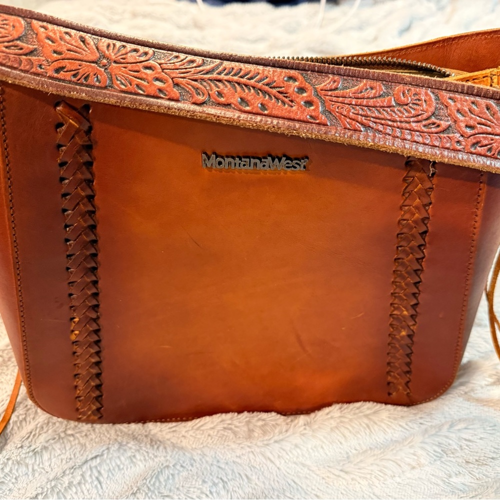 Montana West Cognac Leather Shoulder Bag with Tooled Strap